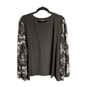Tahari Top Women's 2X Boho Pullover Blouse Black Floral Balloon Sleeve Romantic